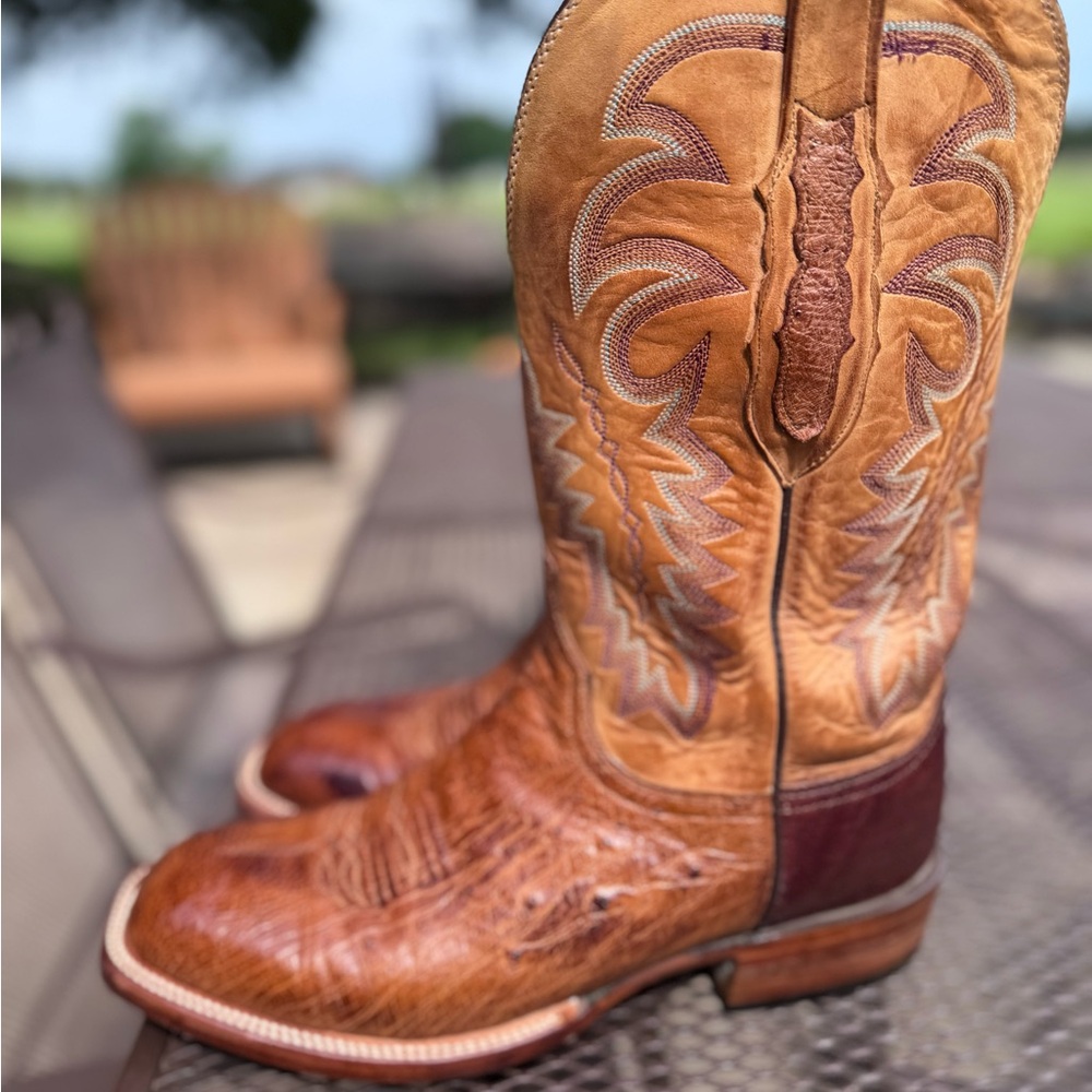 Lucchese Brown Cowboy Boots with Distressed Leather and Embroidery